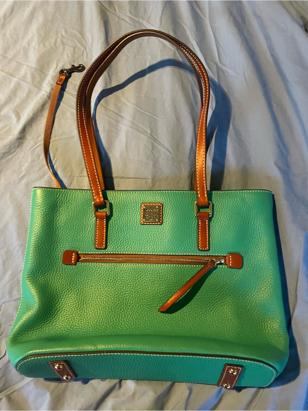 Dooney & Bourke Green Pebbled Leather Tote with Brown Trim and Straps